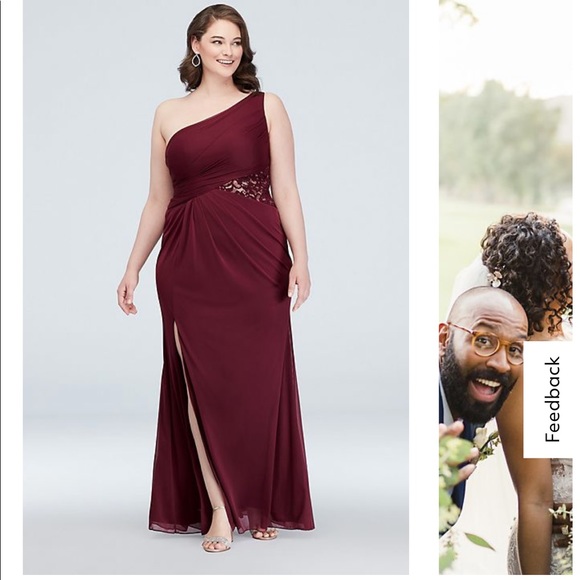 OP Dresses & Skirts - David’s Bridal one-shoulder mesh bridesmaid dress with lace inset